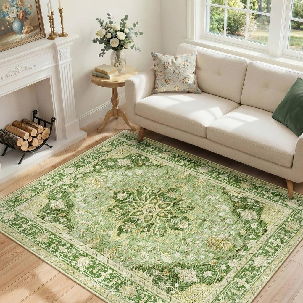 Green vintage-style area rug with cream floral medallion design in a living room