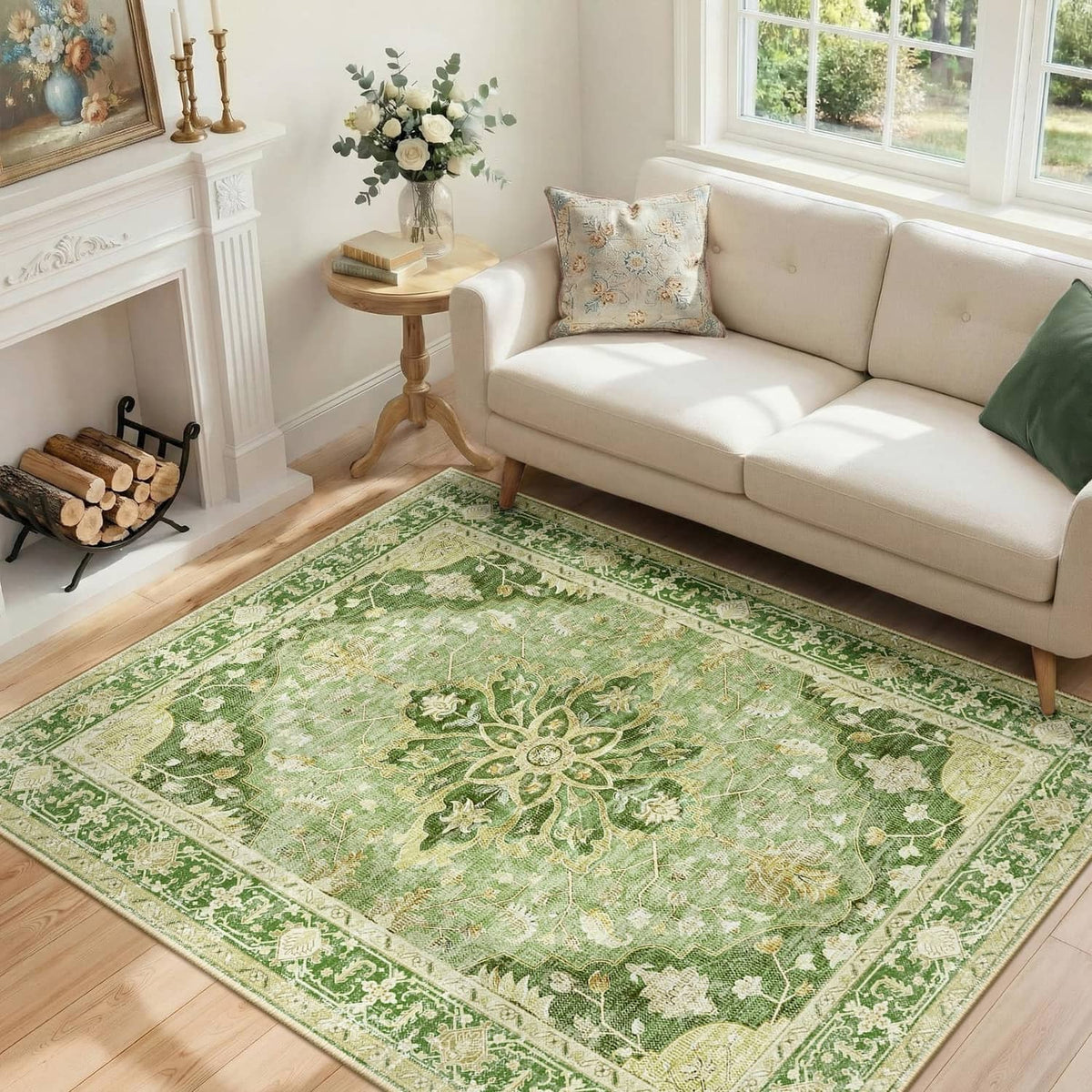 Green vintage-style area rug with cream floral medallion design in a living room