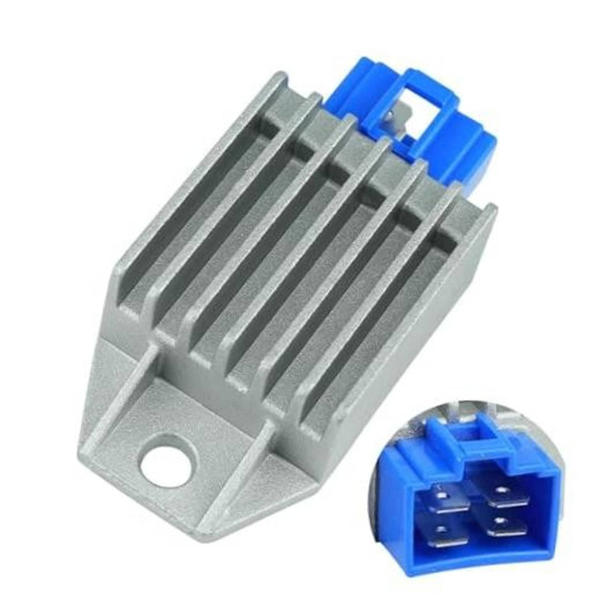 Voltage regulator rectifier heat sink with blue wire connector and mounting hole