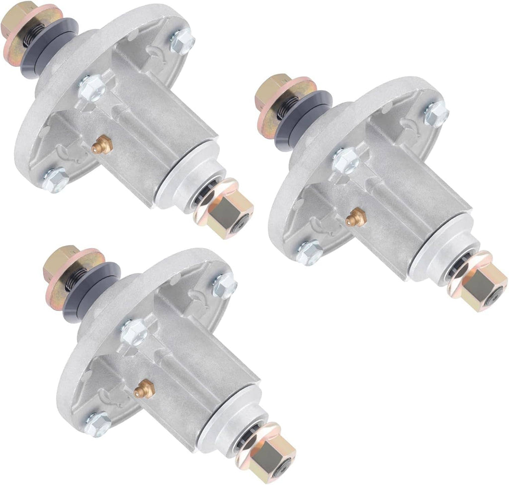 3-pack replacement lawn mower spindle assemblies with mounting hardware, silver with black bolts
