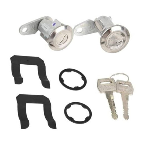 Pair of metal car door lock cylinders with two keys and black mounting clips