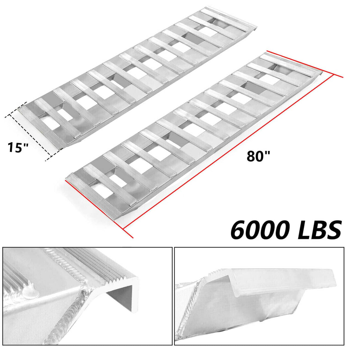Two aluminum trailer ramps shown side by side with 80 in length