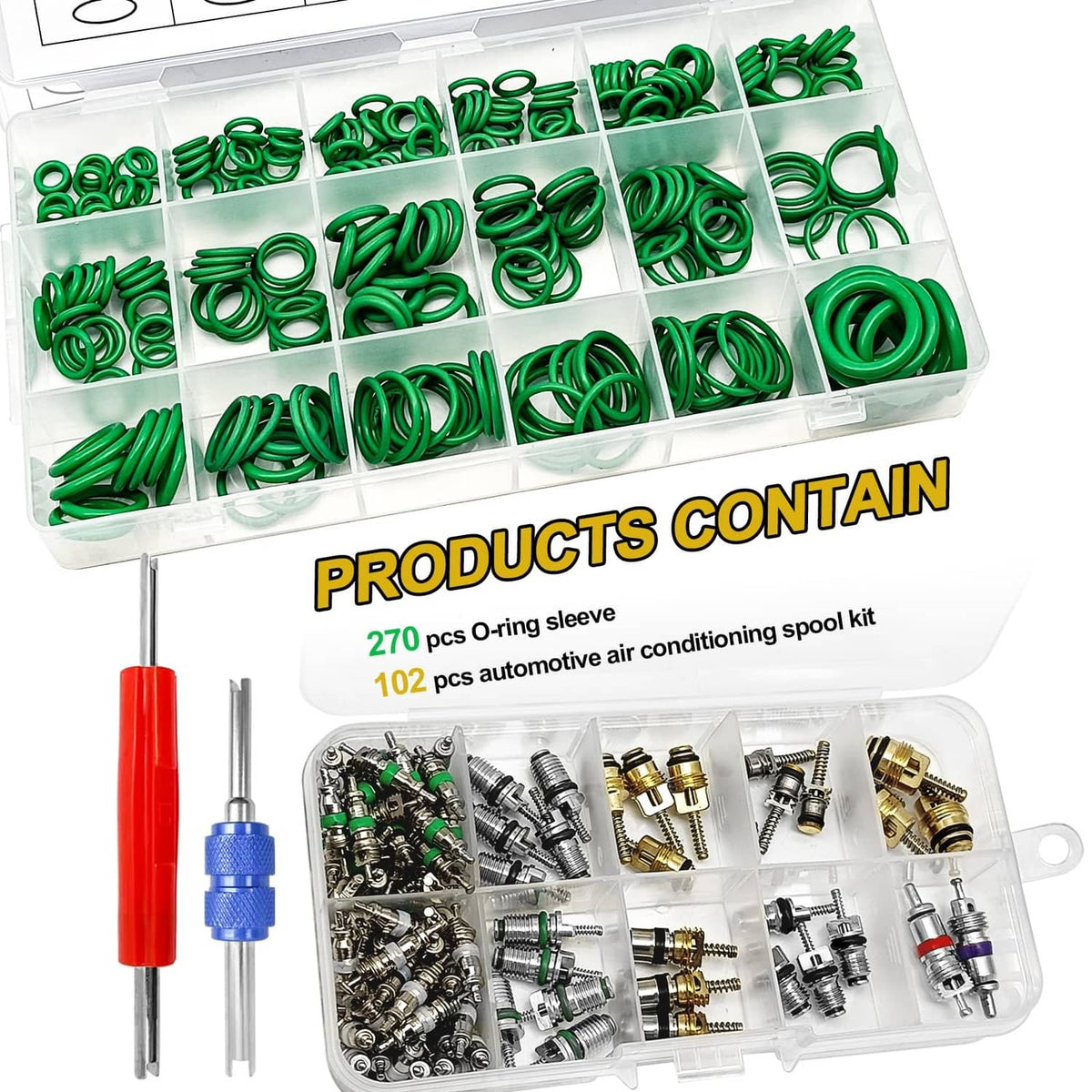 Green O-ring sleeve kit in clear divided box filled with rows of rubber rings