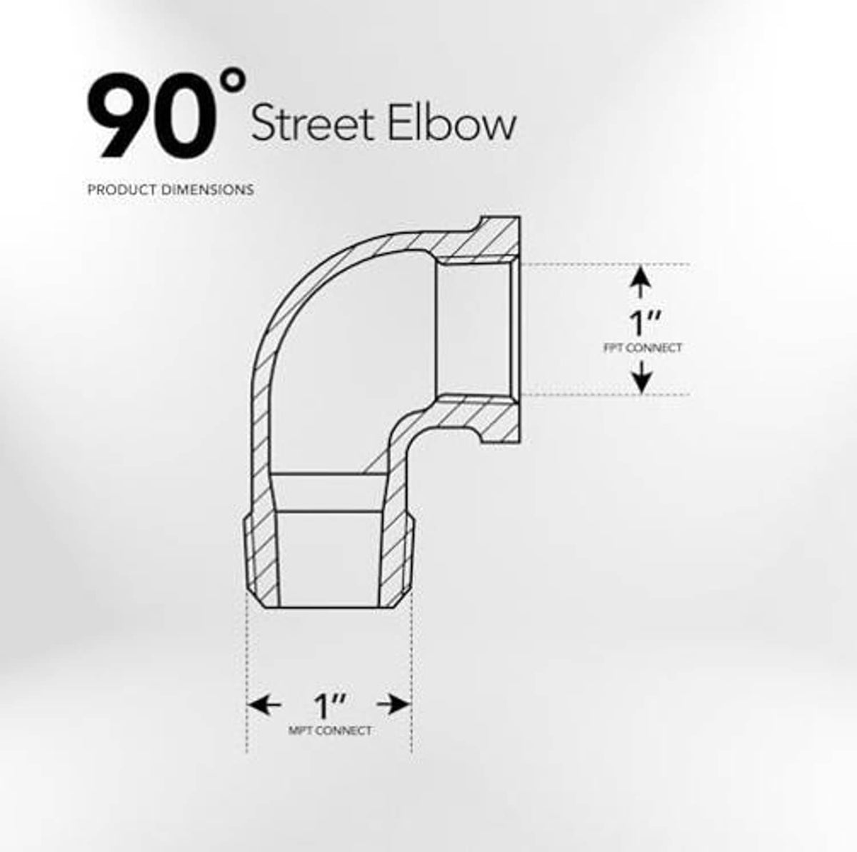 90-degree street elbow dimension diagram showing threaded connection sizes