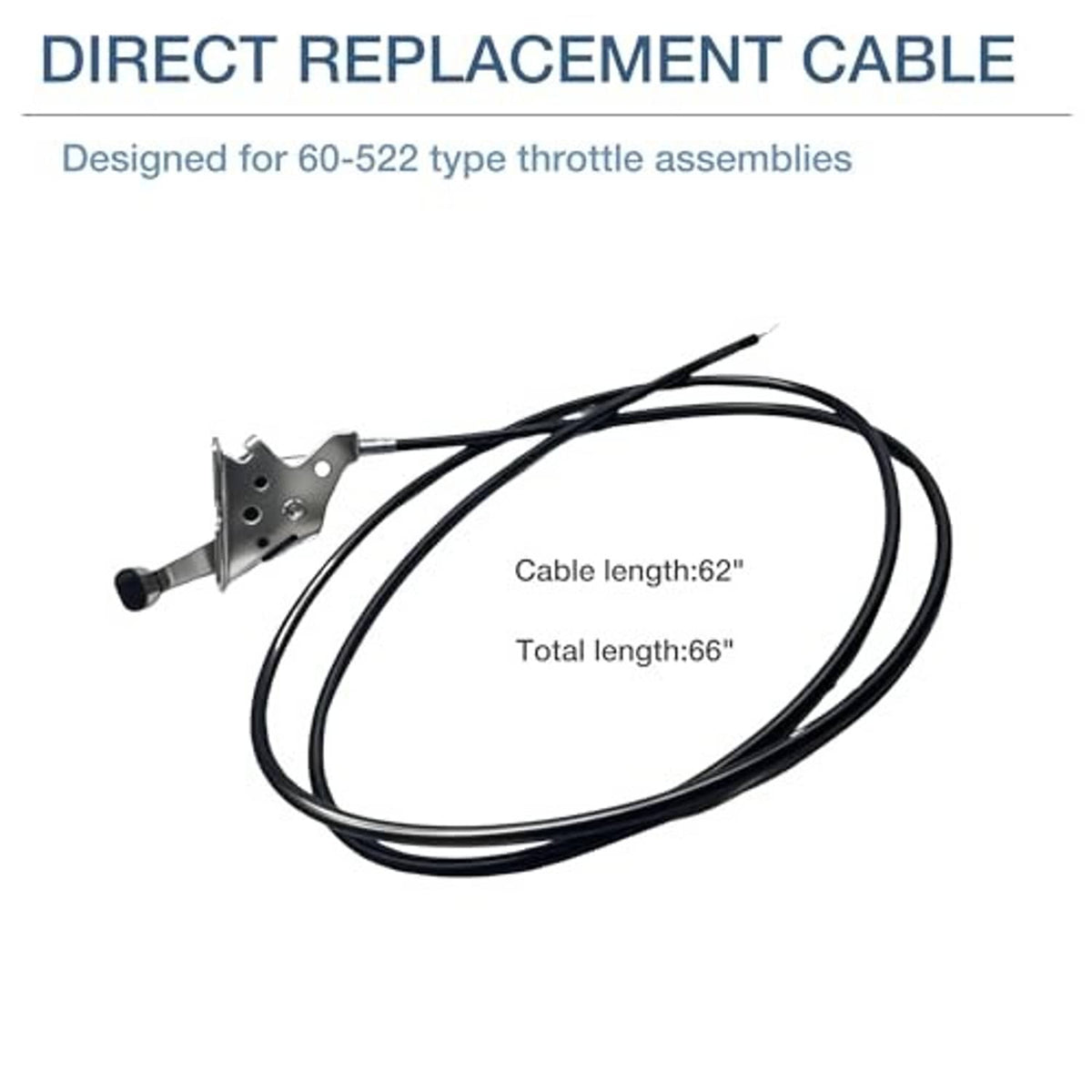 Black throttle control cable assembly, cable length 62 in, total length 66 in