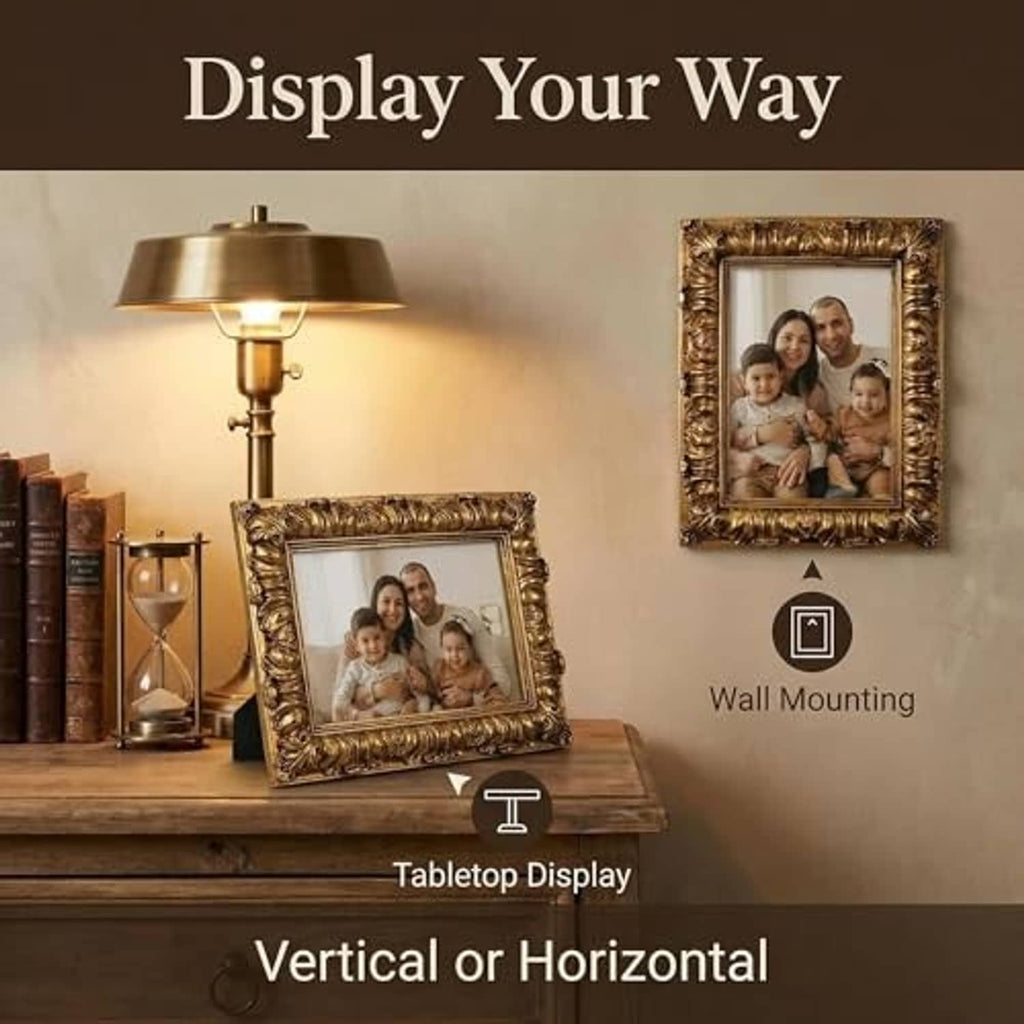 Ornate antique gold photo frame with family picture on tabletop