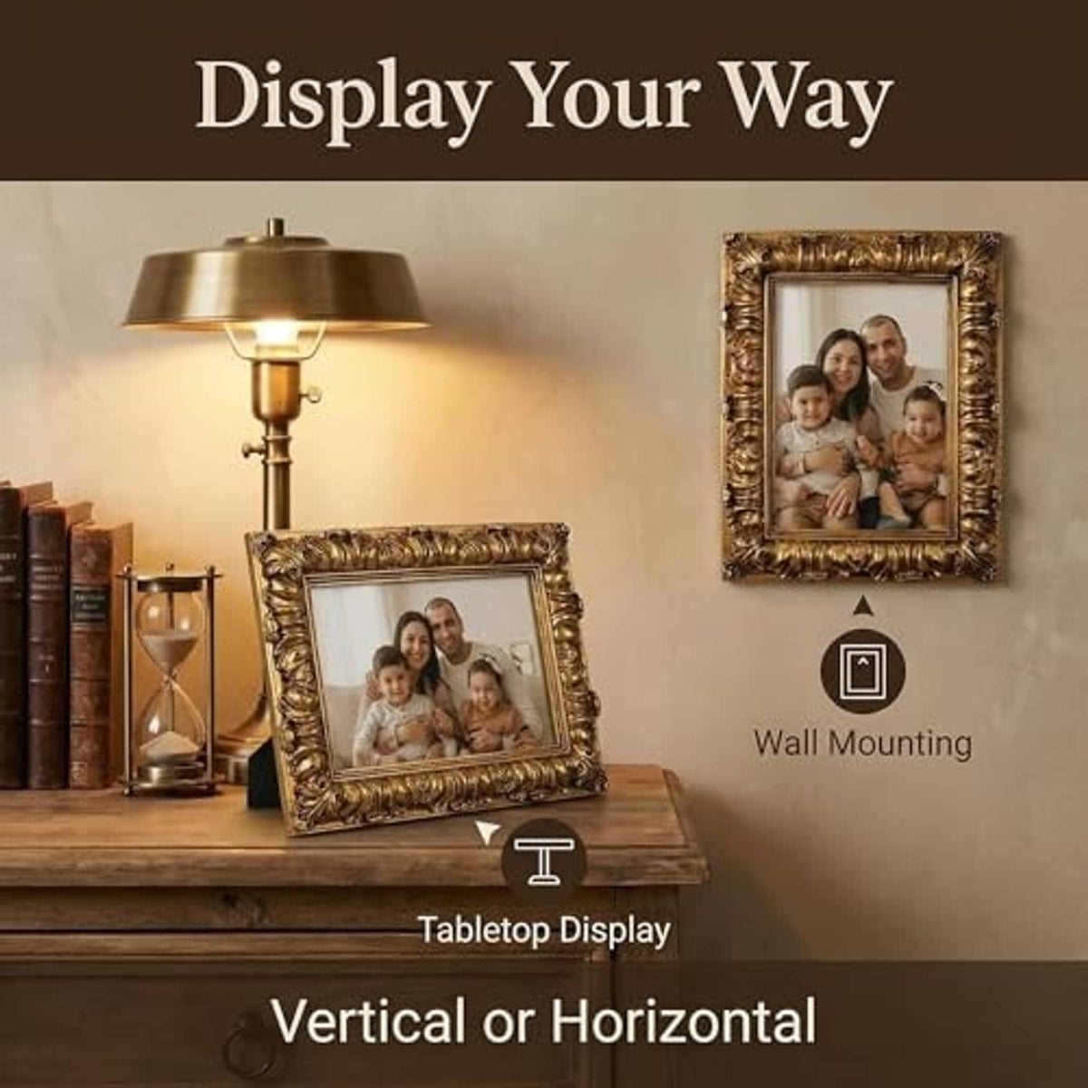 Ornate antique gold photo frame with family picture on tabletop