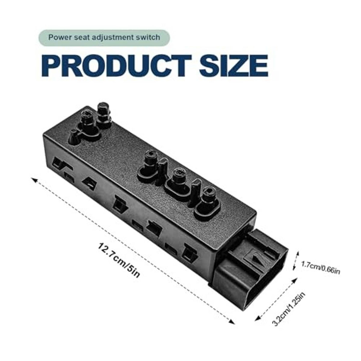 Power seat adjustment switch, size diagram showing black control panel and ports