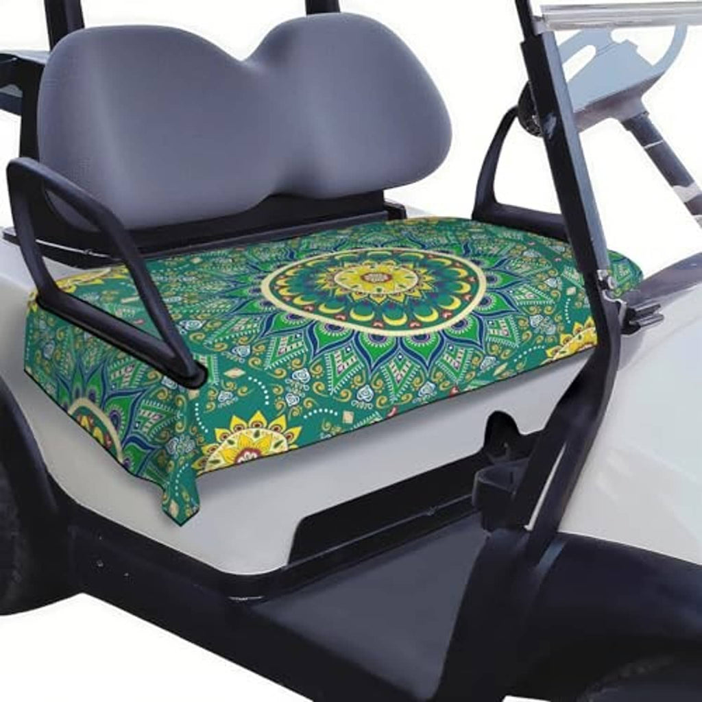 Green golf cart seat cover blanket with central round mandala medallion across cushion