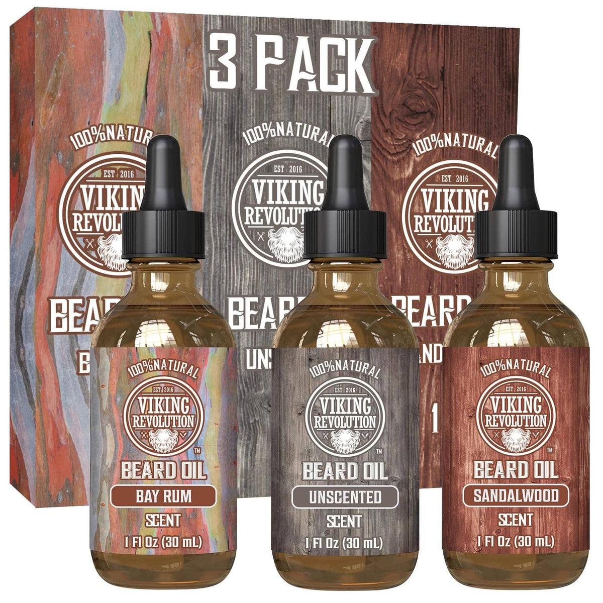 Beard oil 3-pack bottles with amber liquid and black droppers, assorted scents