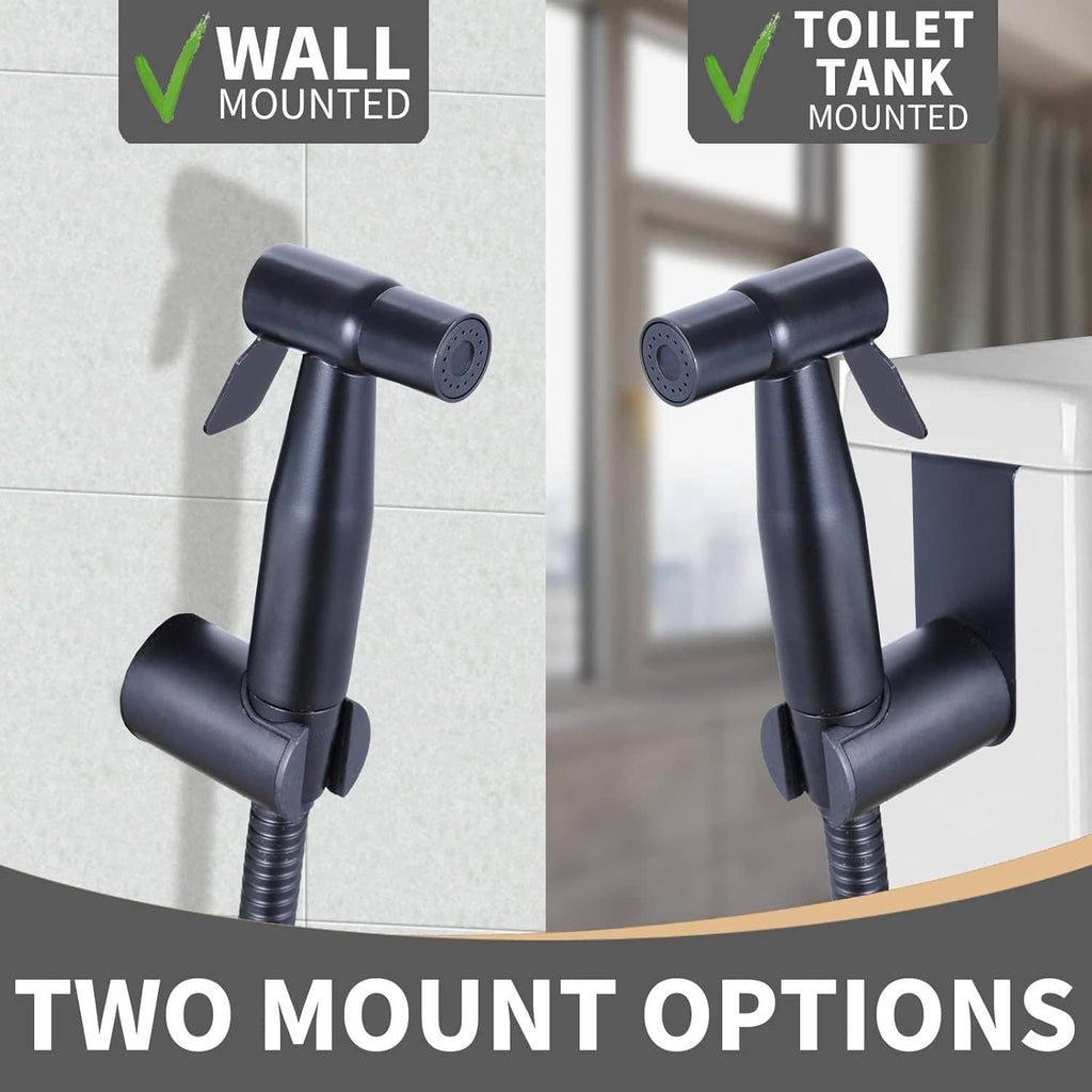 Black bidet sprayer showing wall-mount and tank-mount bracket options with hose