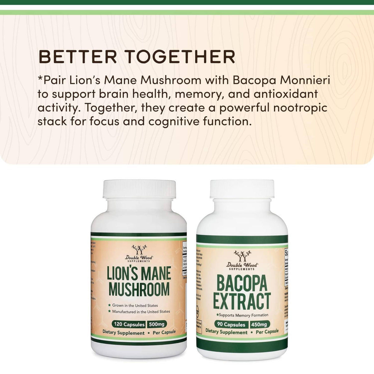 Lion's Mane mushroom and Bacopa extract supplement bottles