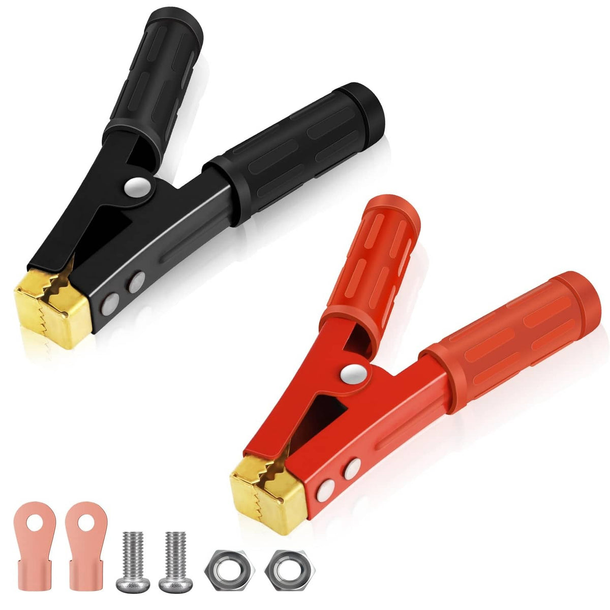 Set of two jumper cable battery clamps, red and black insulated handles with brass jaws