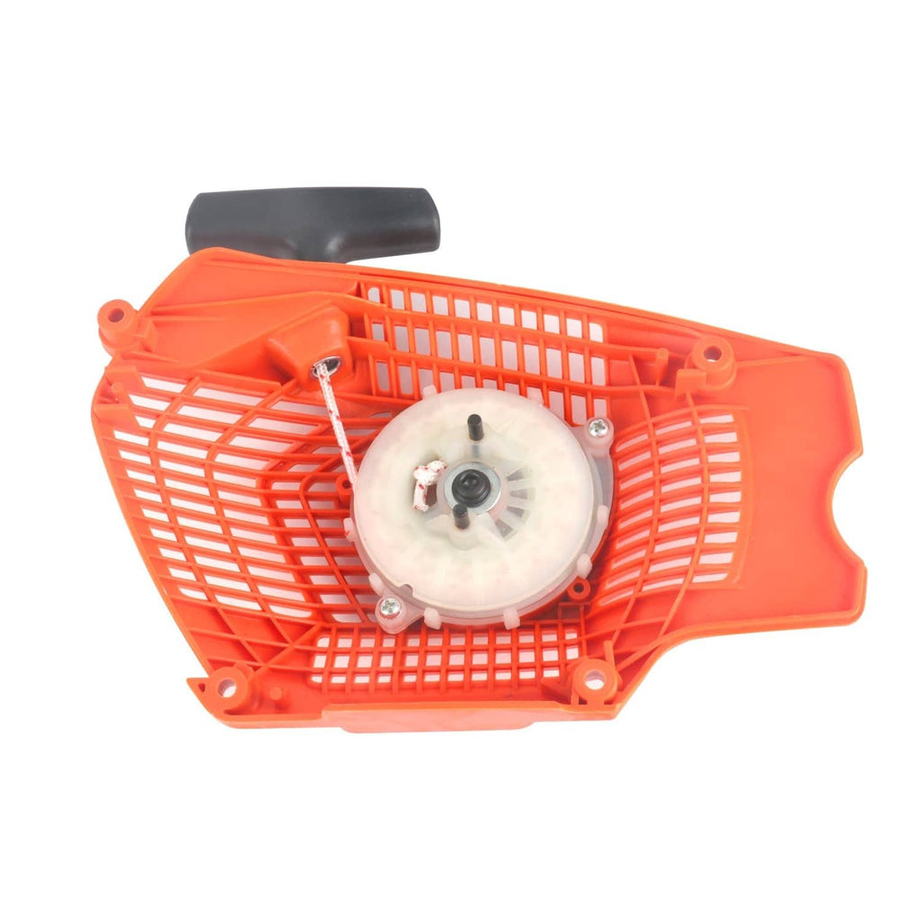 Orange recoil starter housing with mounted recoil wheel and black pull handle