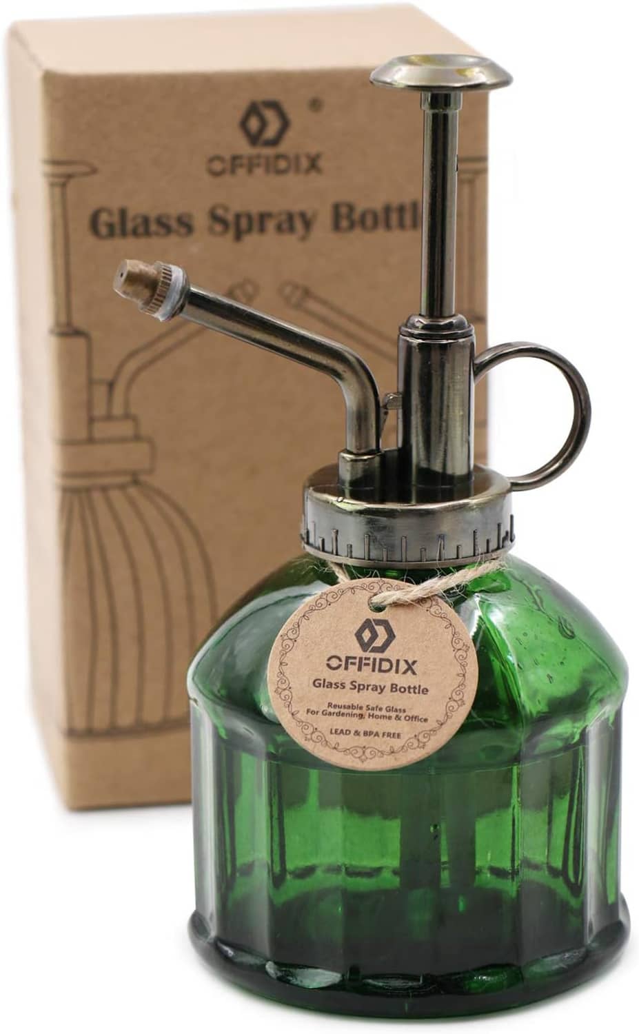 Green glass plant mister with bronze sprayer top, curved nozzle, and loop handle