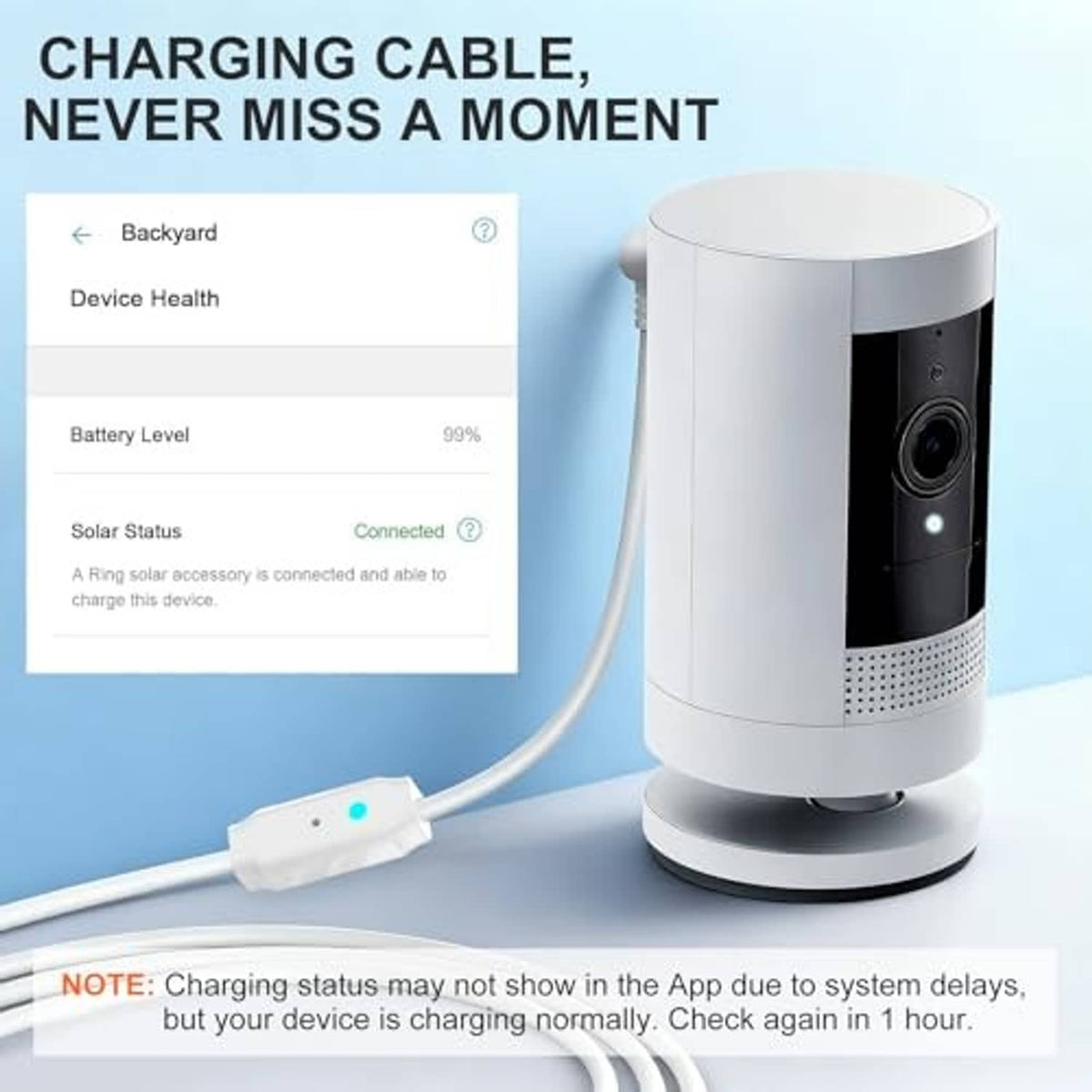White battery spotlight camera with charging cable and indicator light