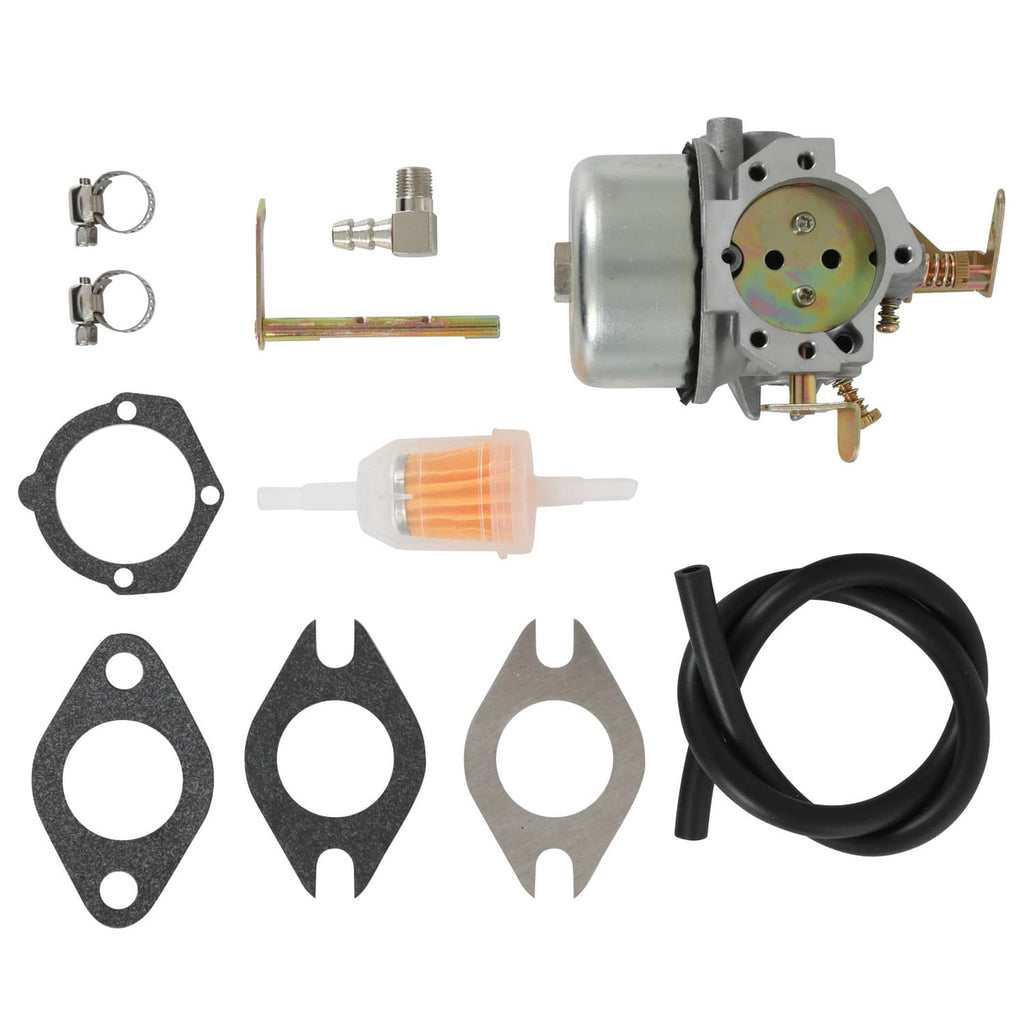 Carburetor kit with carburetor body, gaskets, fuel filter, and hose fittings