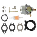 Carburetor kit with carburetor body, gaskets, fuel filter, and hose fittings