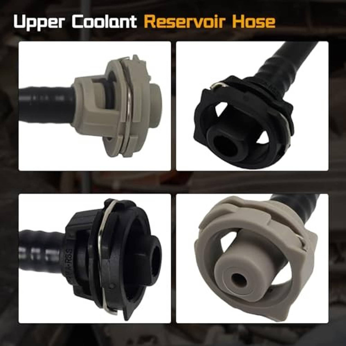 Coolant reservoir hose with black line and gray/black connector fittings