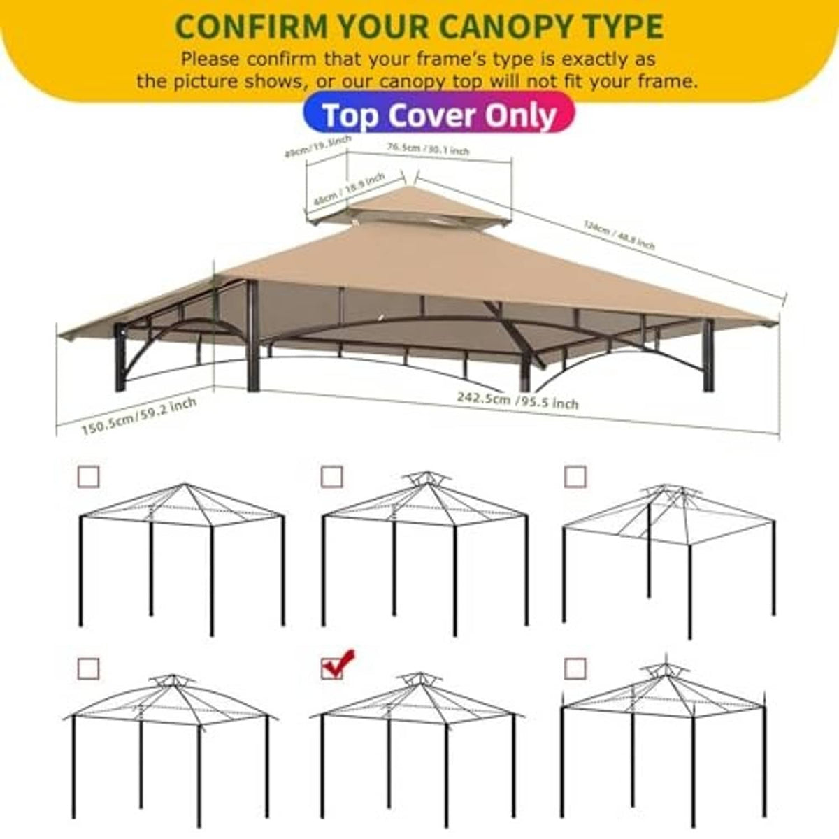 Khaki double-tier canopy roof with Velcro fastening for top and bottom layers