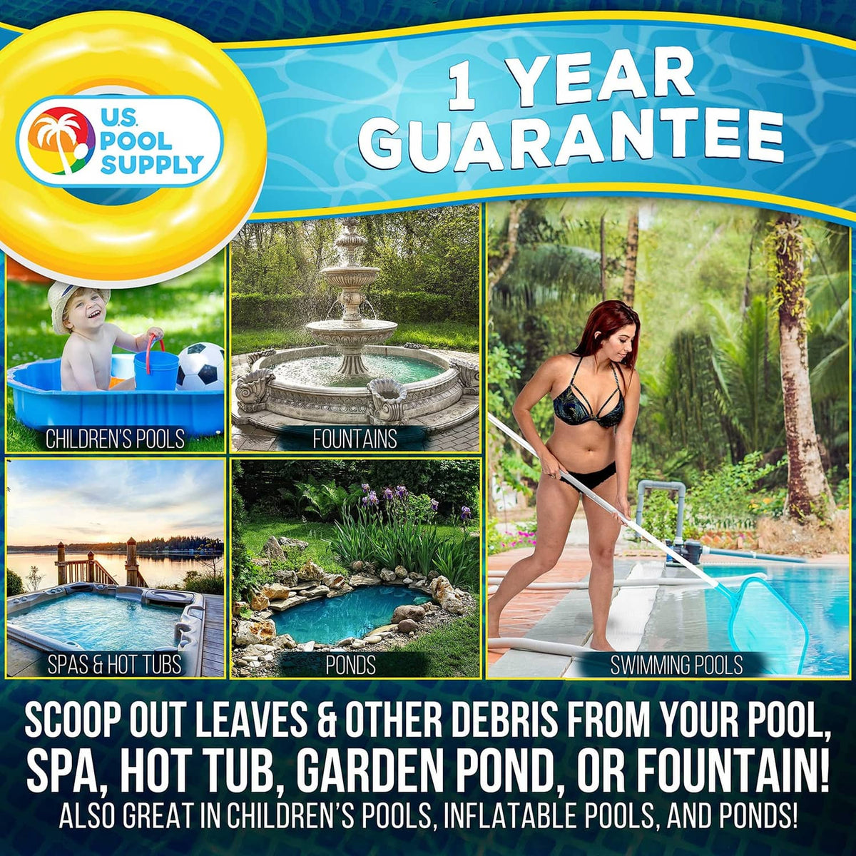 US Pool Supply pool accessory promotion card with 1 year guarantee banner