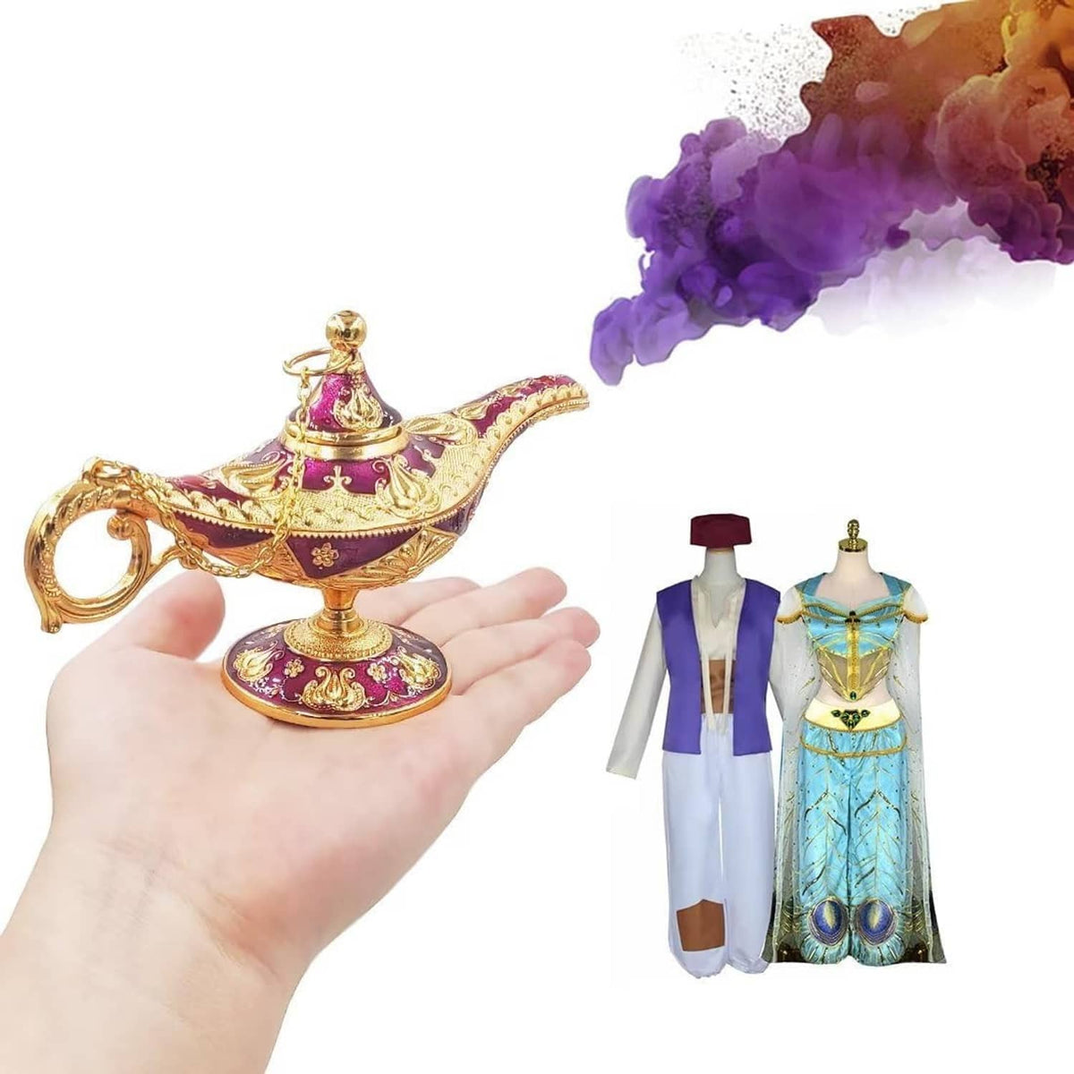 Purple and gold genie lamp prop held in a hand, with ornate chain handle