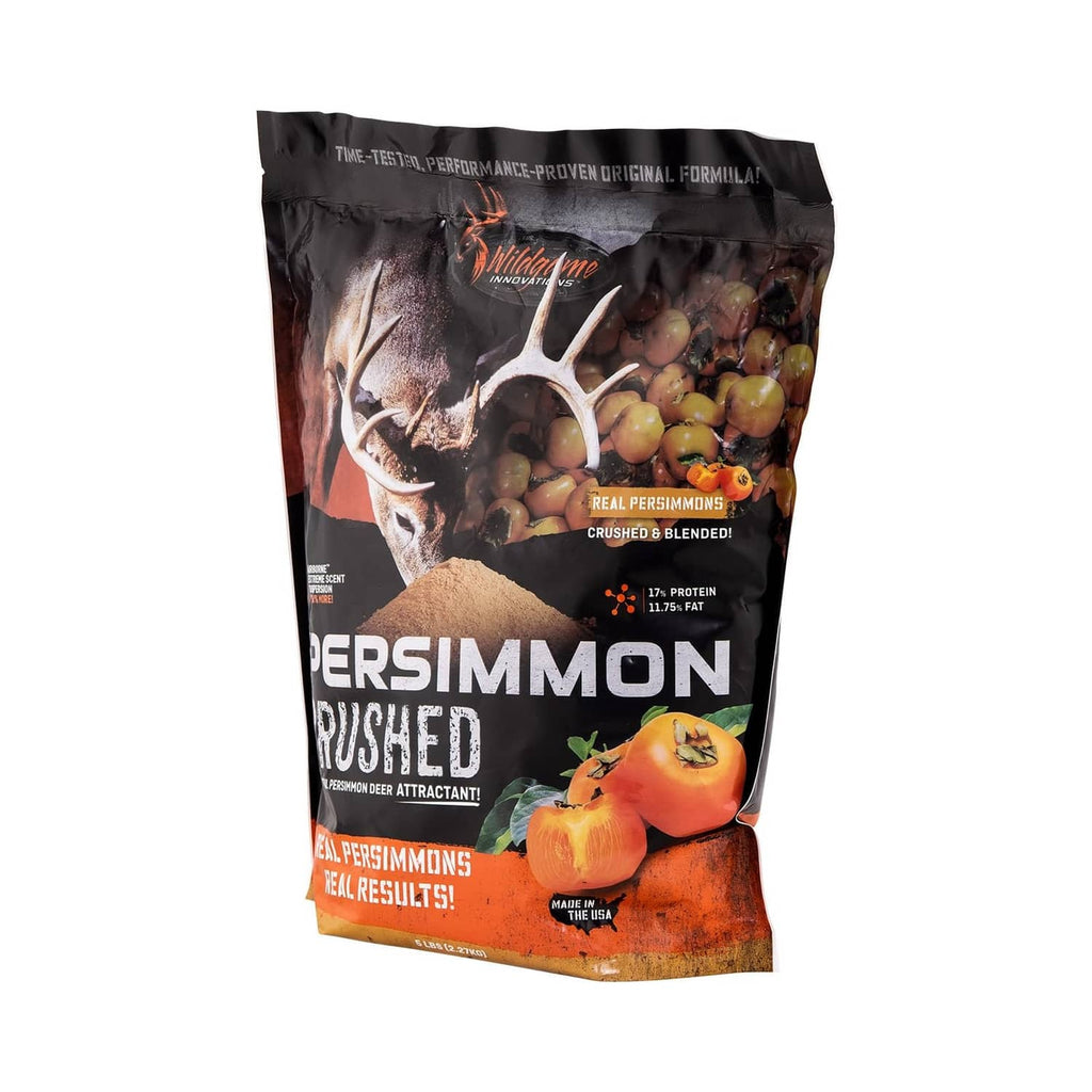 Crushed persimmon deer attractant bag, black and orange front design with deer and persimmon