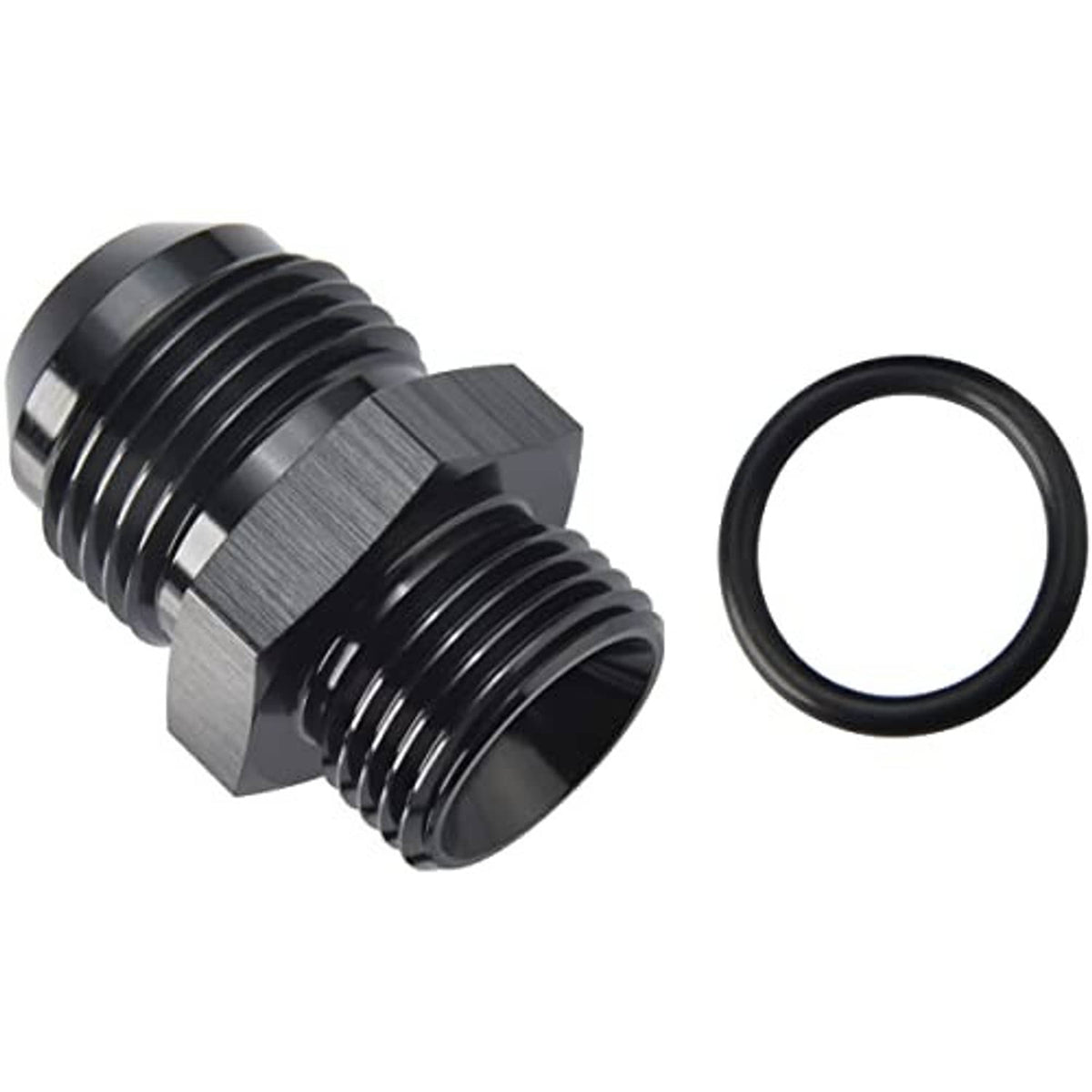 Black AN ORB fitting adapter with hex body, male threads, and O-ring seal