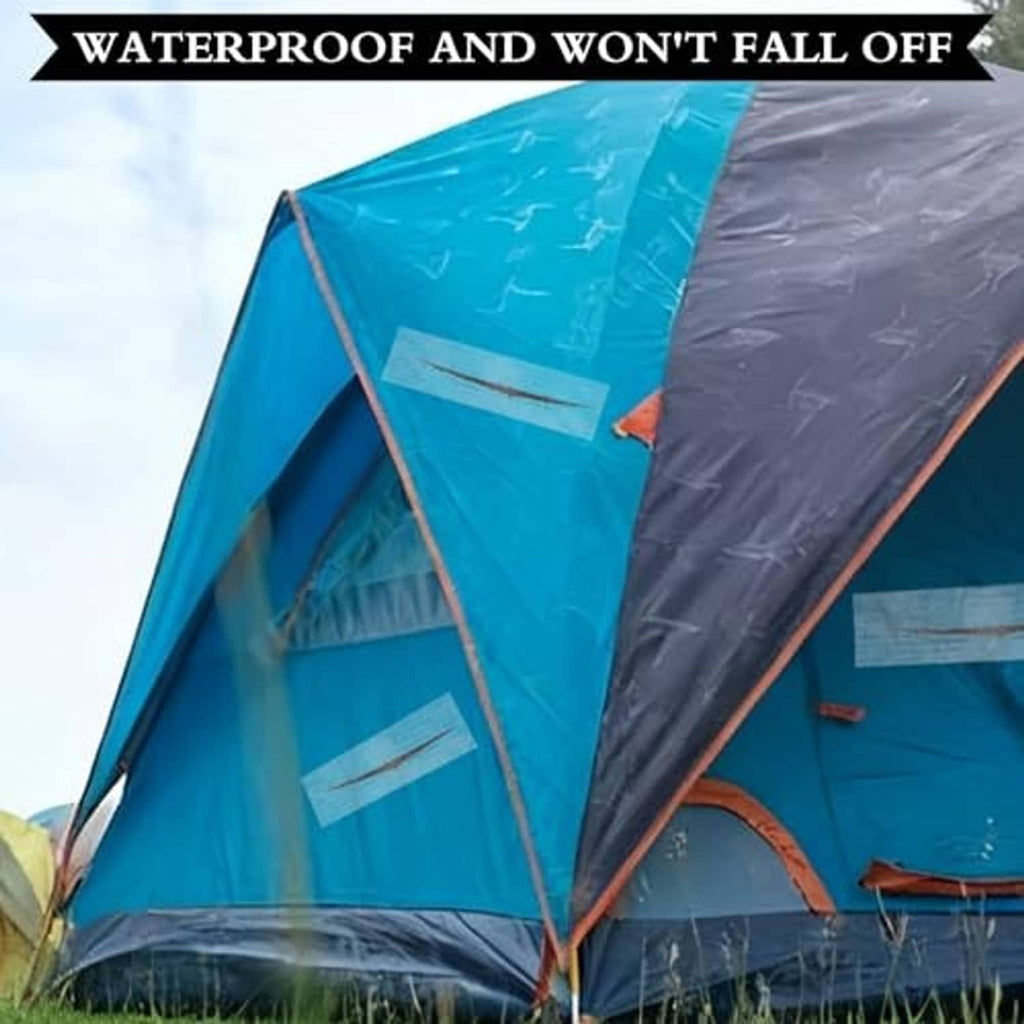 Waterproof tent cover with clear tape patch holding a seam on outdoor tarp
