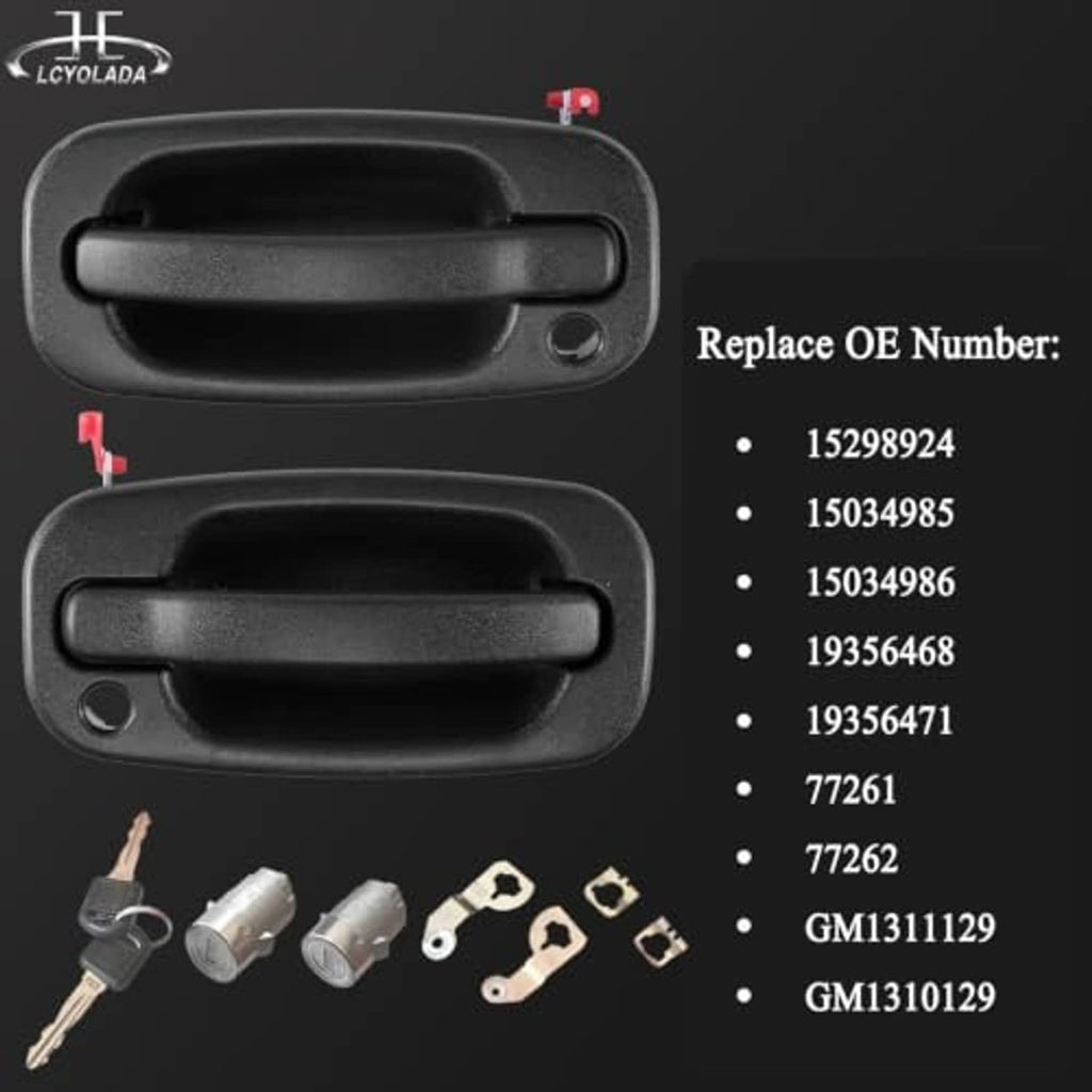 Front exterior door handle with lock, black, with keys, pins, and mounting pieces