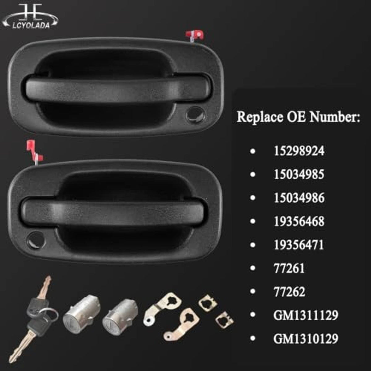 Front exterior door handle with lock, black, with keys, pins, and mounting pieces