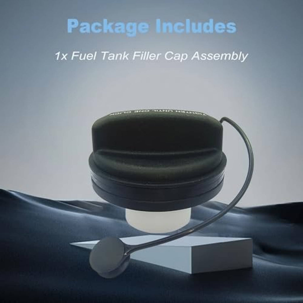 Black fuel tank filler cap with tether cord and white seal, on display base