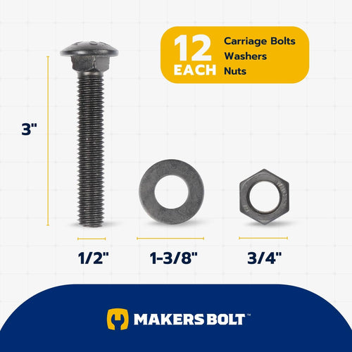 Black carriage bolt kit shown with washer and hex nut, size guide included