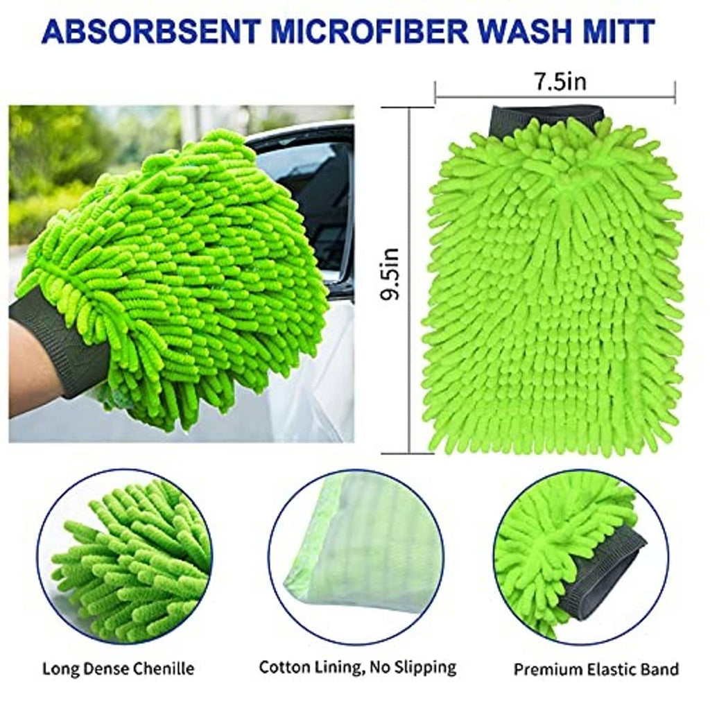Green absorbent microfiber wash mitt with dense chenille pile and elastic band