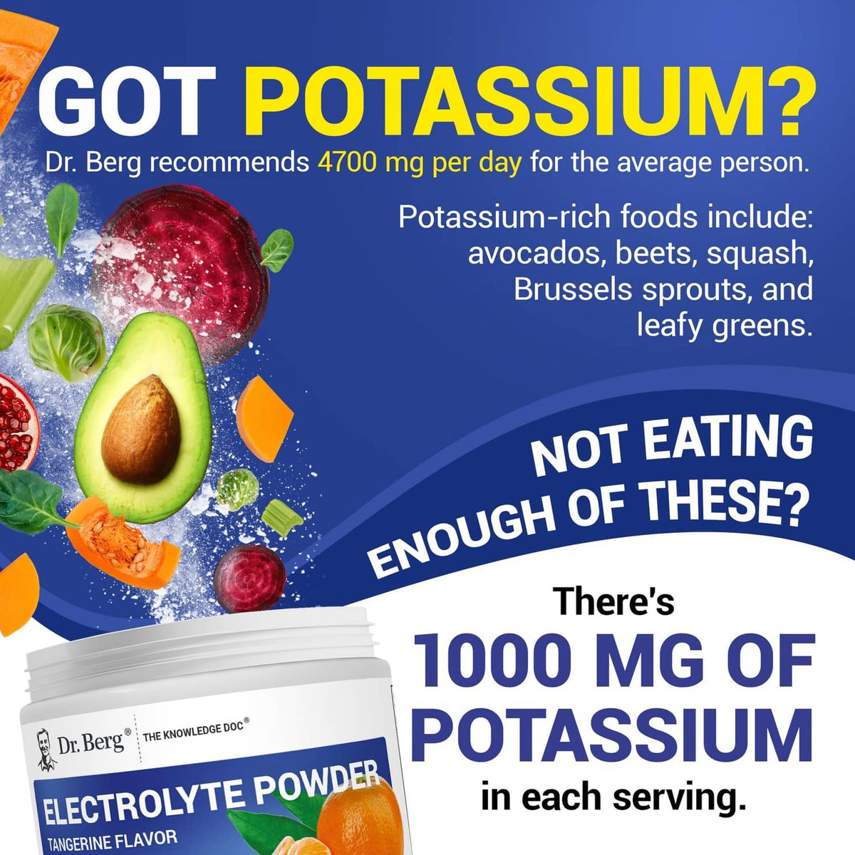 Dr. Berg electrolyte powder jar with potassium information graphic, white container with lid