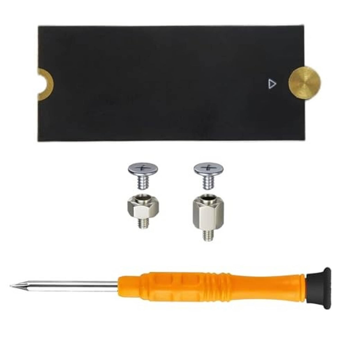 M.2 extension bracket kit with black plate, bronze screw pads, and orange screwdriver