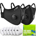 Mesh dust masks with circular exhale valves and elastic straps, plus replacement filters