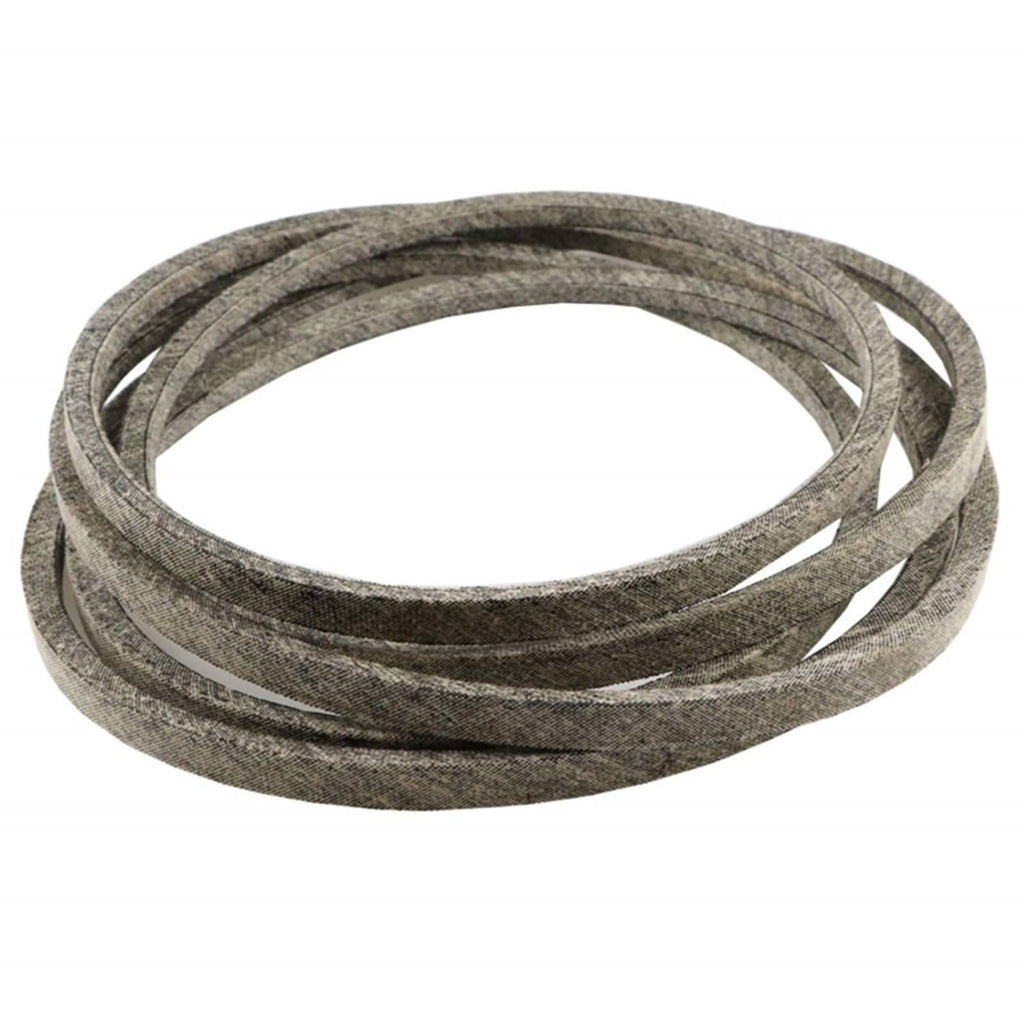 Gray aramid mower deck belt, neatly coiled with multiple loops