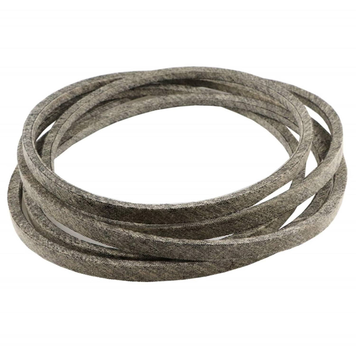 Gray aramid mower deck belt, neatly coiled with multiple loops