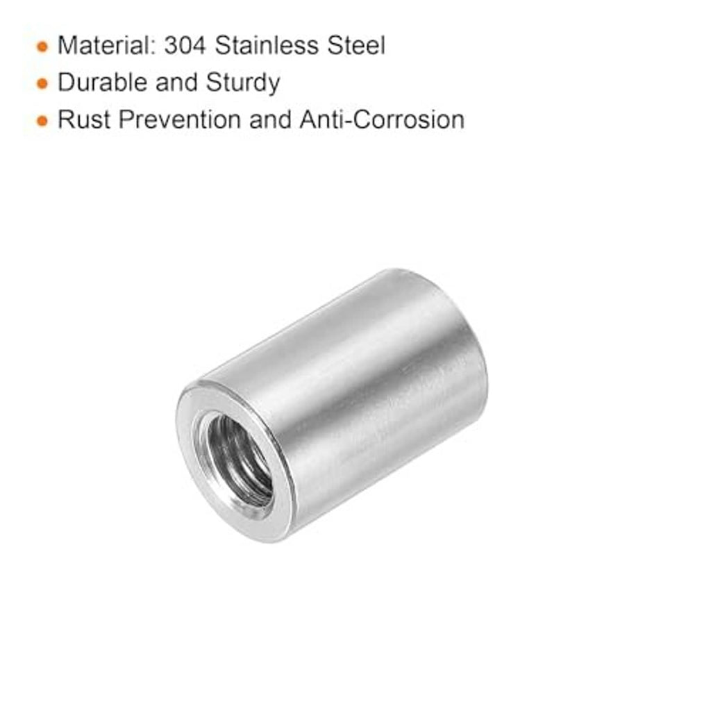 Stainless steel M10 round coupling connector nut, short cylindrical body with internal thread
