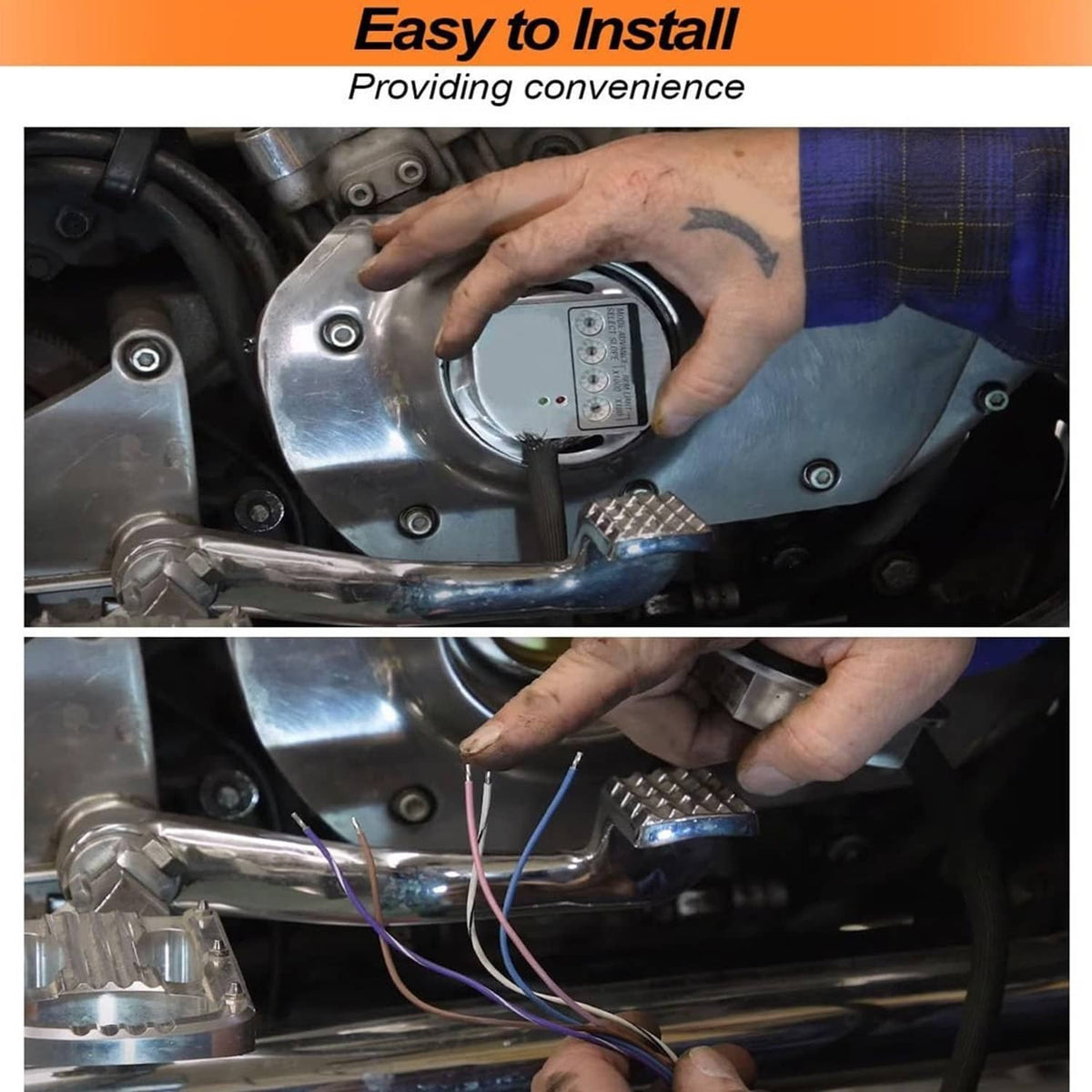 Hands installing an ignition control module under a motorcycle side cover