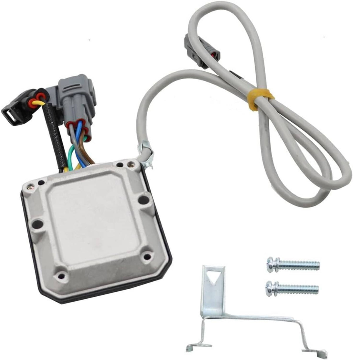 Ignition module assembly with wiring leads and mounting bracket, gray control box