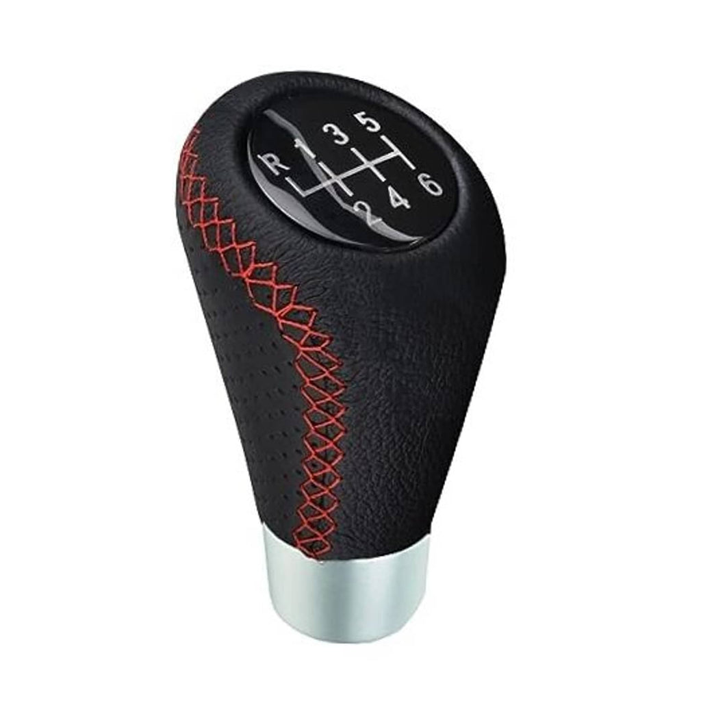 Leather 6-speed shift knob in black with red cross-stitch and silver base, shift dial