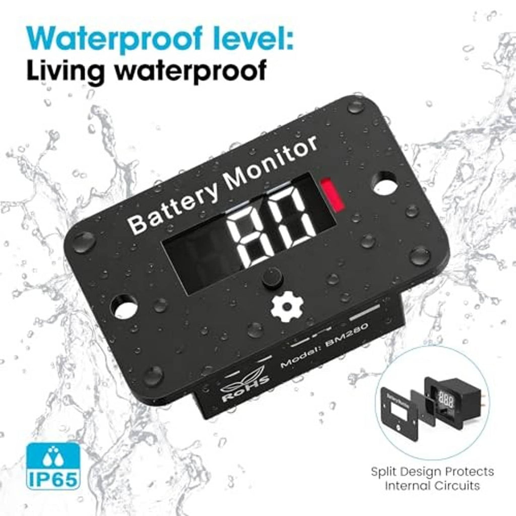 Waterproof digital battery gauge with LCD display reading 9.8V and red status bar