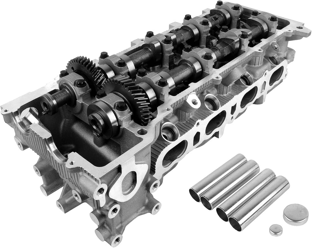 Automotive cylinder head assembly with valve chambers and camshaft gears, silver metal