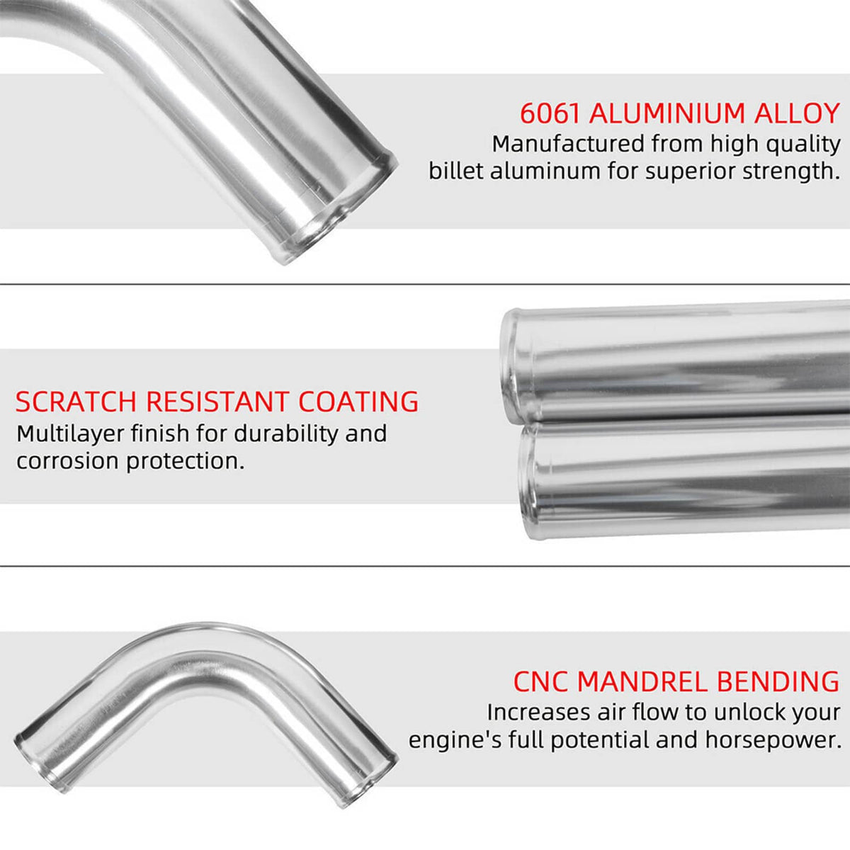 Aluminum alloy intercooler piping tubes with smooth silver finish and protective coating