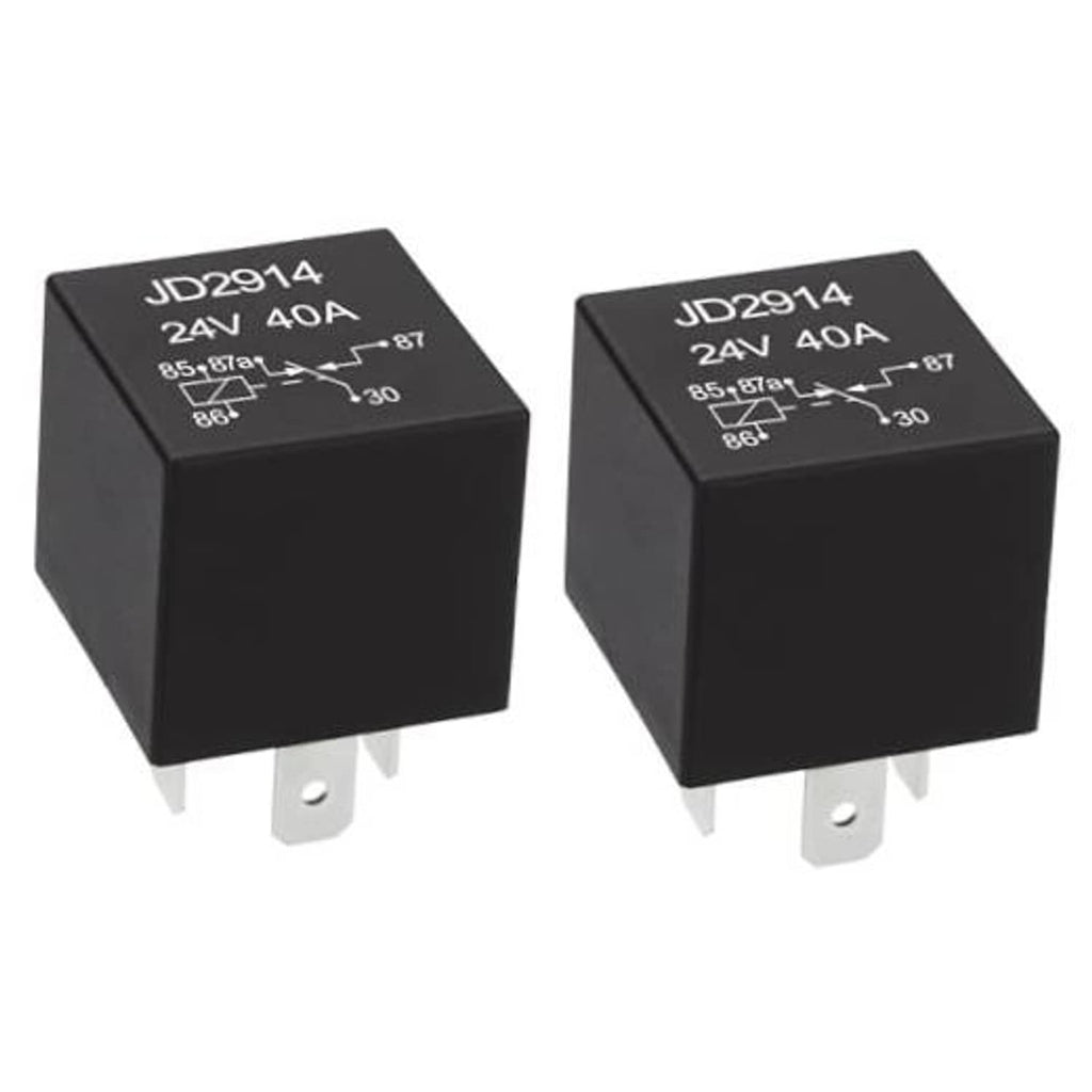 Automotive relay cube, black body with “JD2914 24V 40A” marking and two terminals