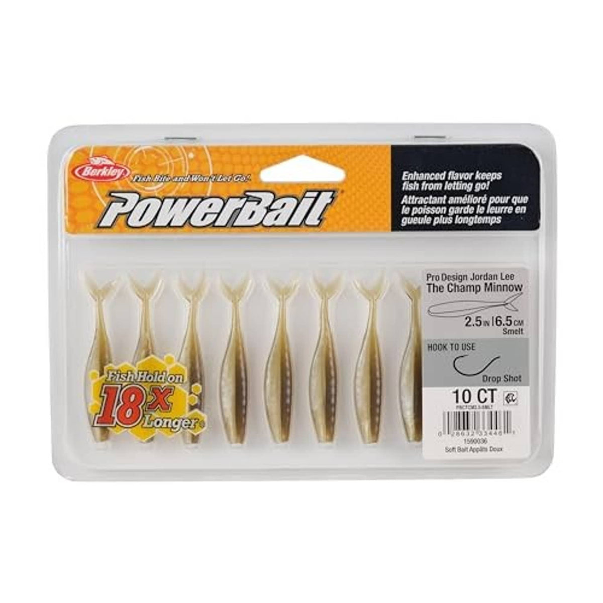 Powerbait minnow soft plastic bait package, multiple shad-colored lures shown