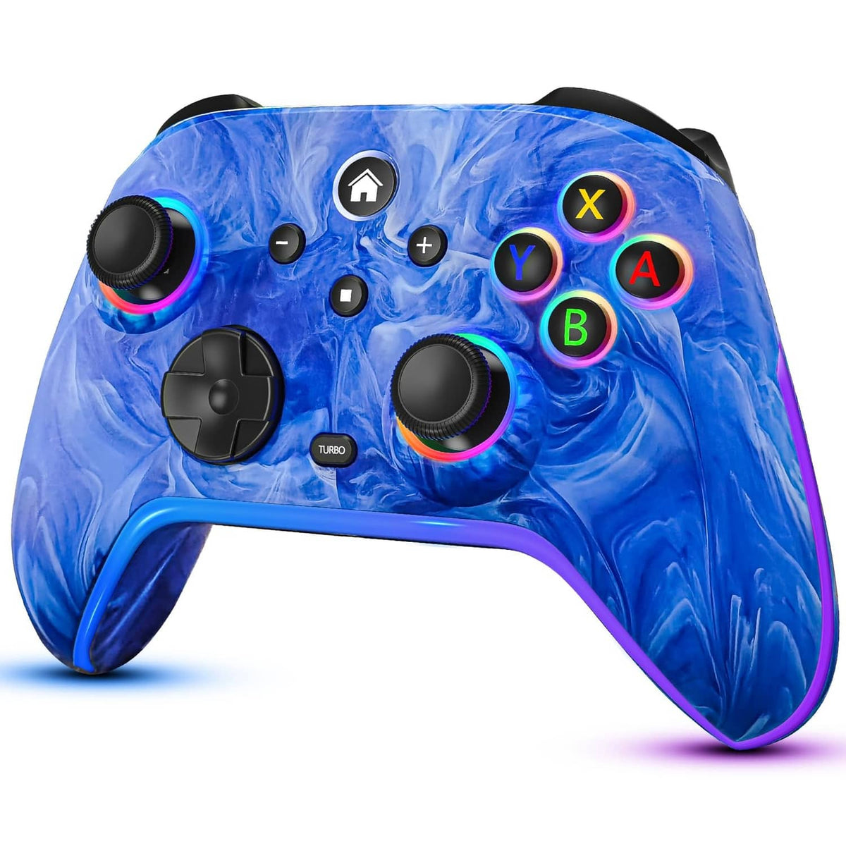 Blue wireless Switch controller with RGB analog sticks and colored face buttons