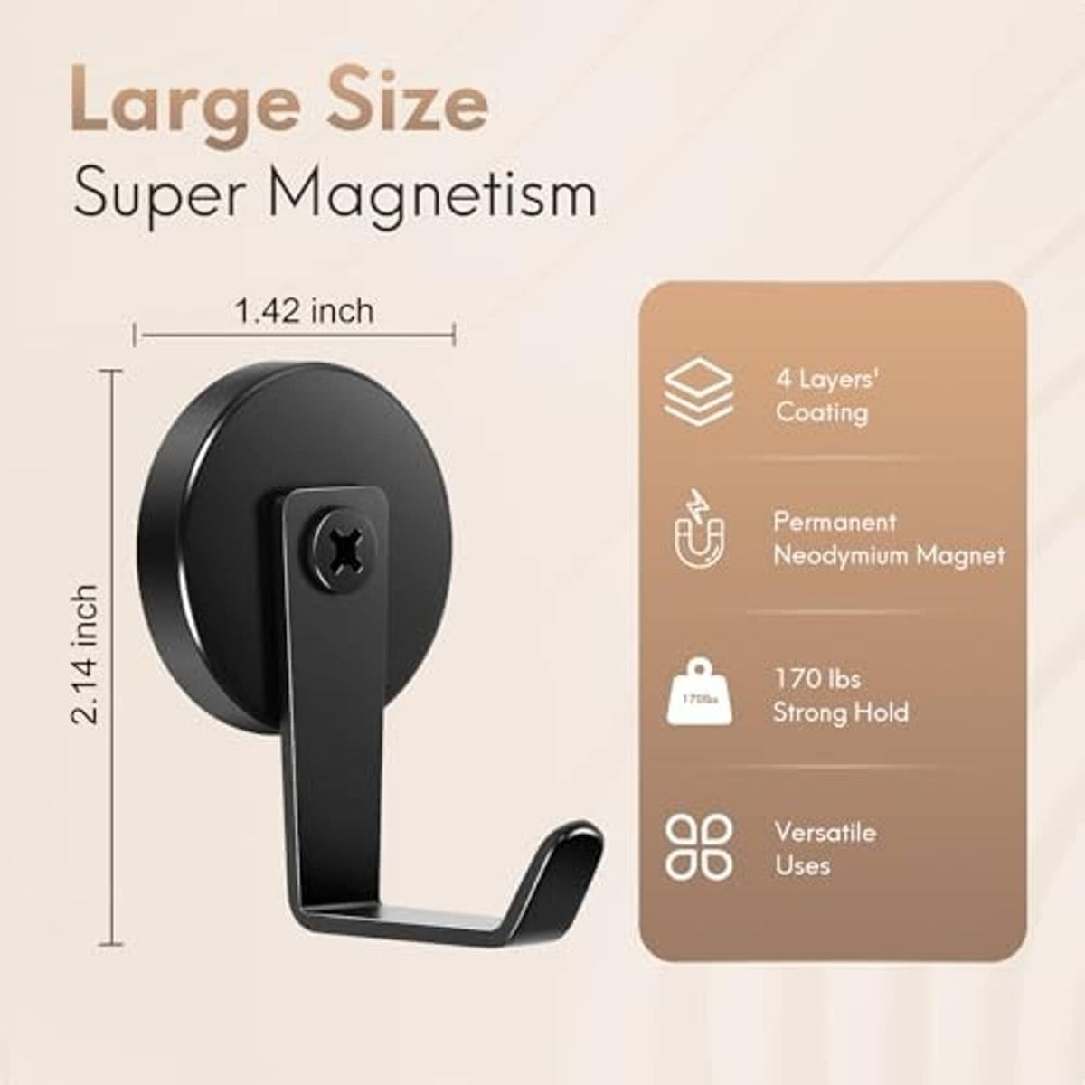 Black magnetic hook with circular magnet base and curved steel tube hanging arm